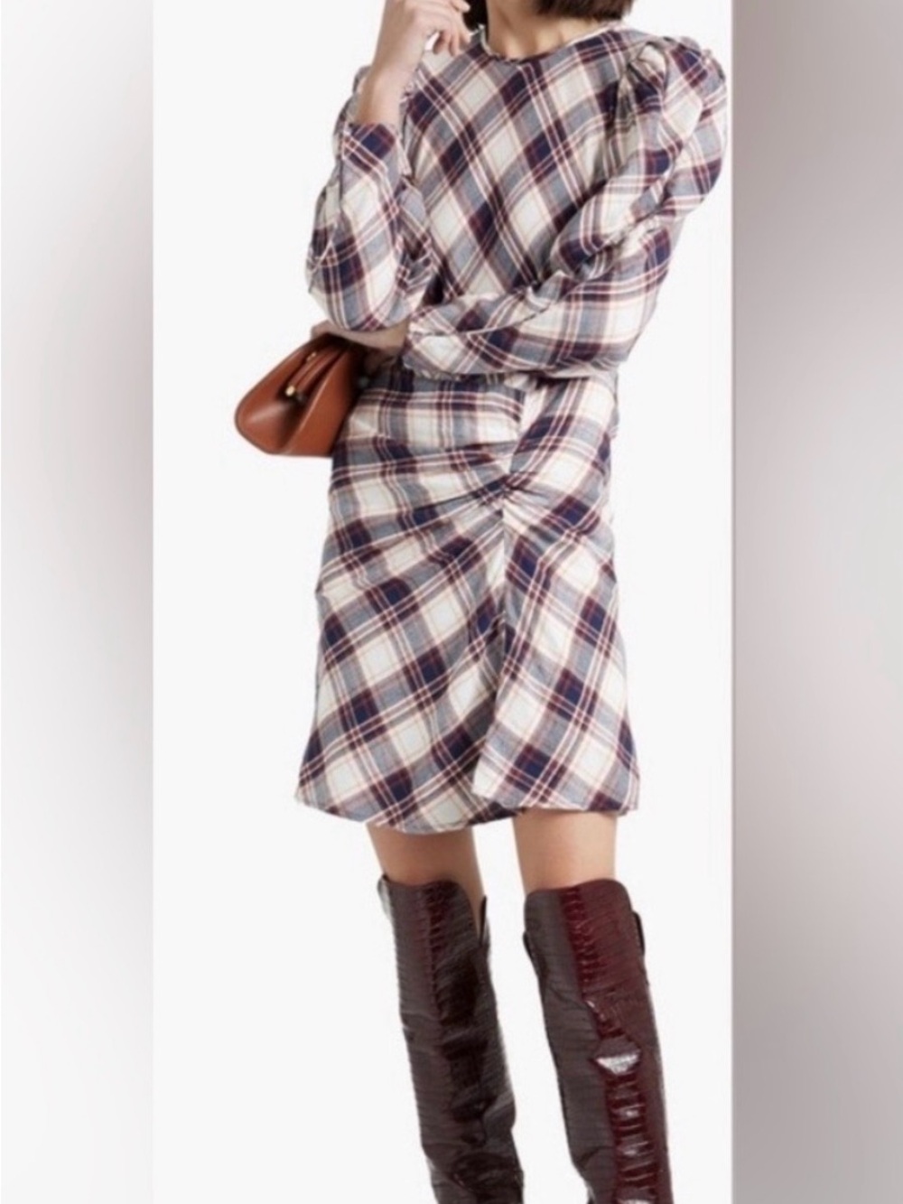 Veronica Beard Plaid Twist-Front Long Sleeve Dress in Navy and Cream size 4